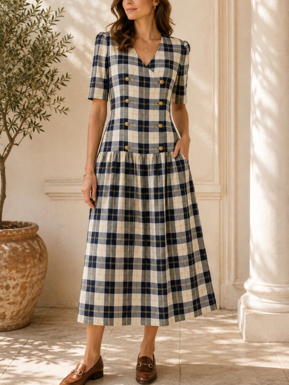 Vintage Lanz Originals Plaid Drop Waist Midi Dress Gold Buttons USA